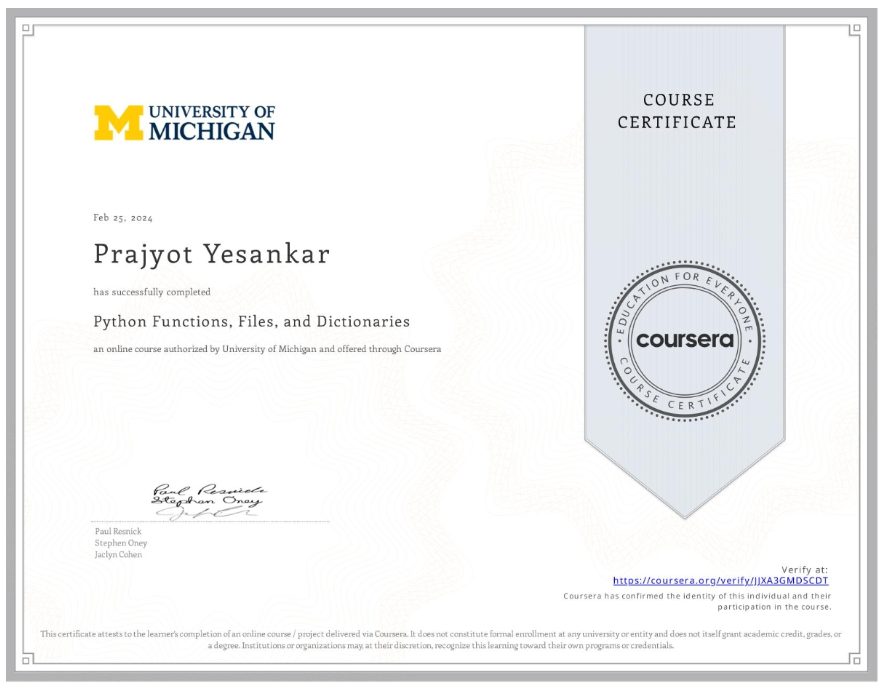 Coursera certificate: Python Functions, Files, and Dictionaries, University of Michigan