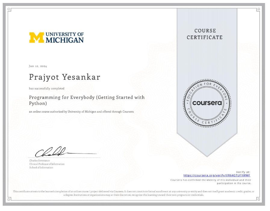 Coursera certificate: Programming for Everybody (Getting Started with Python), University of Michigan